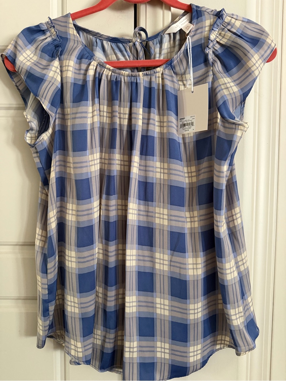 LC Lauren Conrad Blue & White Plaid Flutter Sleeve Blouse